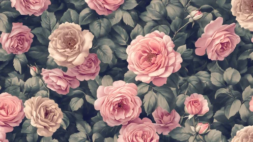 Botanical Rose Garden: Dense Floral Composition with Layered Foliage.