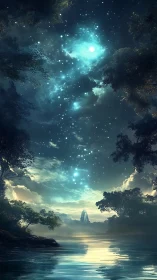 Vertical landscape shows forest lake under dense star field