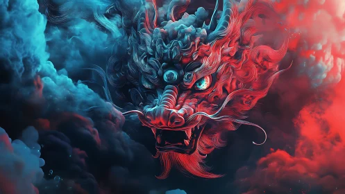 Fiery celestial dragon emerges from swirling neon storm.