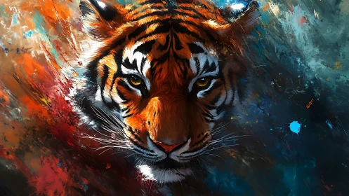 Brushfire tiger emerges from swirling nebula of wild color.