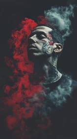 Tattooed silhouette amid red and blue drifting smoke clouds.