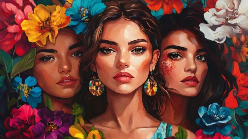 Three women surrounded by vibrant flowers in digital painting style.