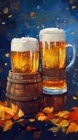 Autumn beer mugs on rustic barrels in painterly style.