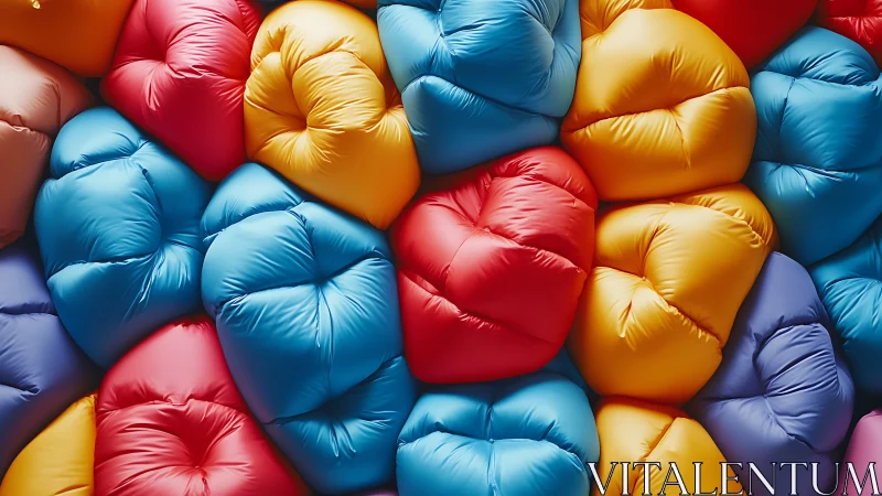 Cozy cluster of colorful puffed cushions inviting comfort.