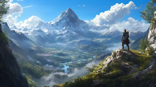 Adventurer surveys vast alpine valley under crystalline skies