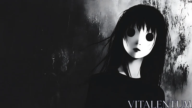 Hollow eyed monochrome girl in eerie dark hallway scene.