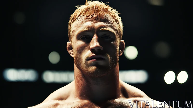 Intense boxer portrait under harsh arena spotlights.