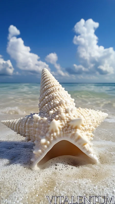 Sunlit seashell rests gently where waves meet soft shore