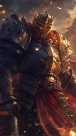 Firelit armored warlord wrapped in crimson legend.
