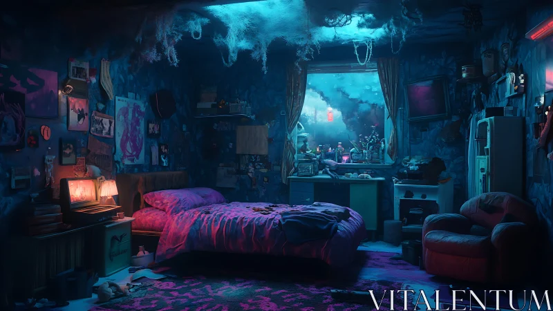 Neon haunted bedroom glowing with eerie undersea twilight.