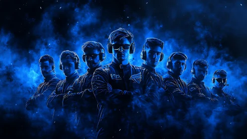 Esports team lineup in blue vapor, headphone-equipped figures.