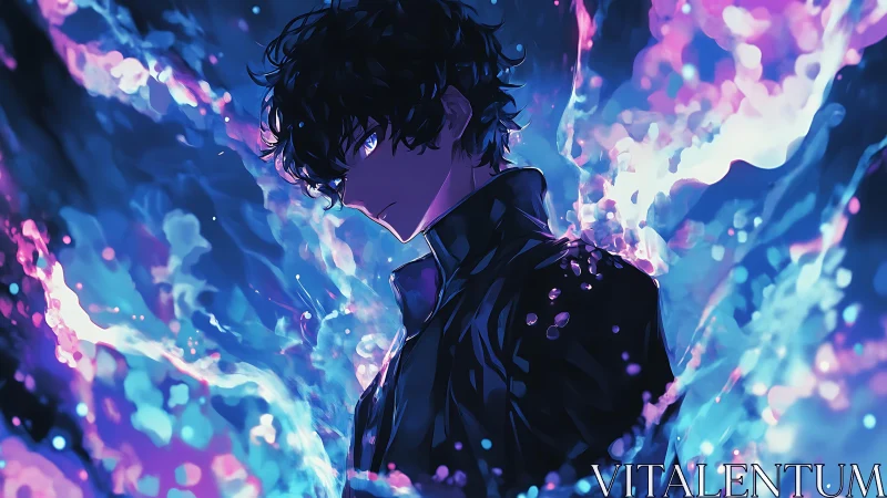 Brooding anime sorcerer within swirling neon flames.