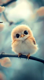 Small fluffy bird with large eyes perches on thin branch