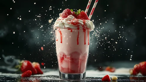 Photorealistic strawberry milkshake with dynamic splash styling.