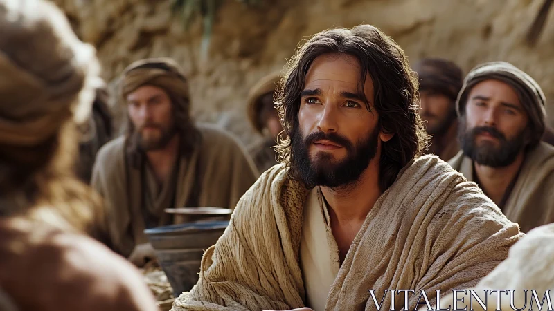 Thoughtful teacher among disciples in warm desert light.