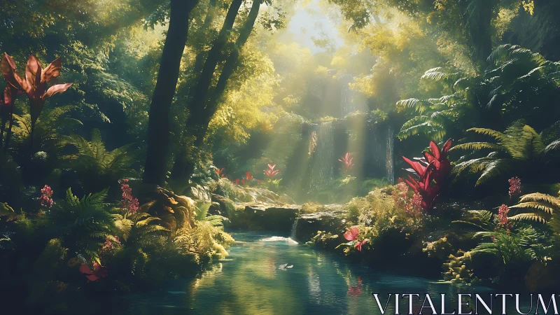 Luminous Jungle Ravine with Tropical Stream.