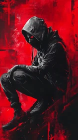 Shadowed hooded figure glowing against vivid red storm.
