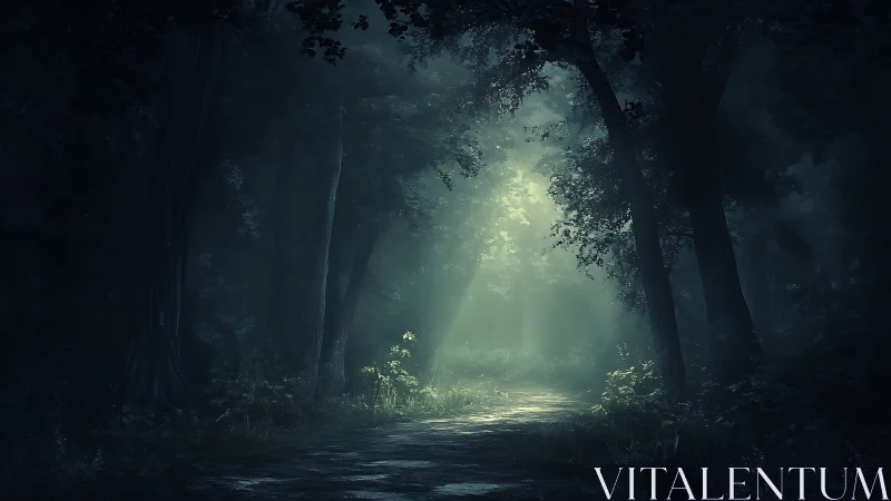 Volumetric light rays penetrate dense forest canopy with atmospheric depth rendering