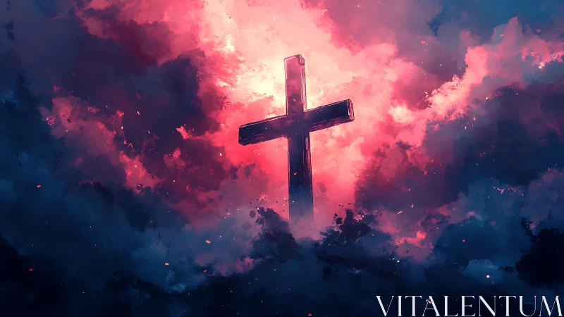 Central cross silhouette framed by high contrast nebular clouds