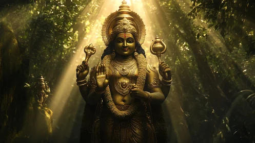 Golden forest deity sculpture under dramatic light rays.