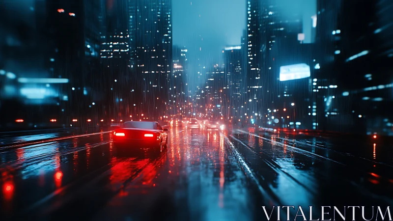 Nighttime urban traffic on wet city street in heavy rain.