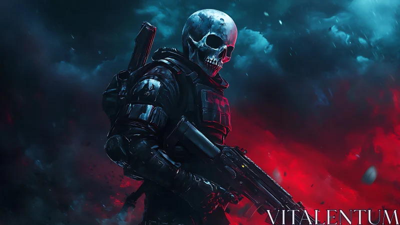 Skull-masked futuristic commando in blazing red-blue storm.