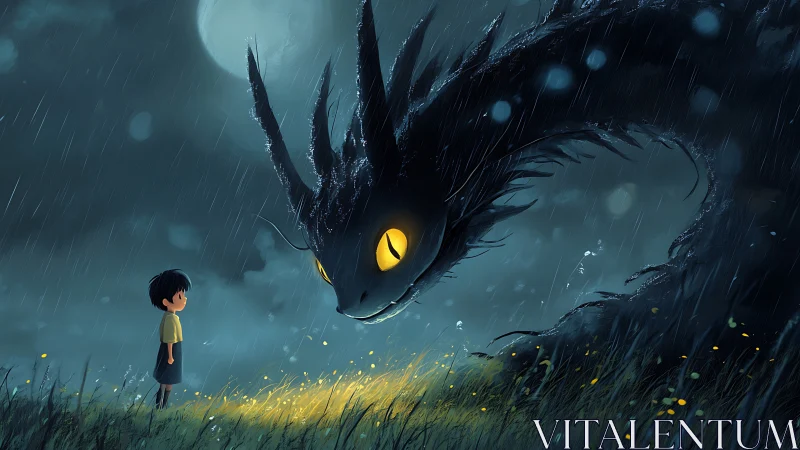 Nocturnal child and bioluminescent dragon in stormlit meadow