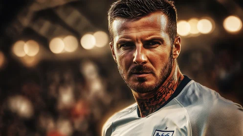 Male football player portrait under stadium floodlights.