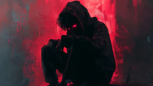 Hooded neon shadow brooding in a crimson glitch haze.