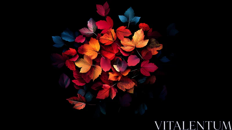 Radial cluster of high-contrast autumn leaves on deep black