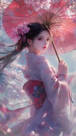 Elegant kimono figure beneath pink parasol and blossoms.
