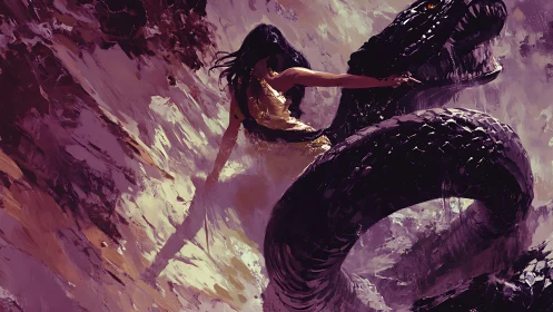 Storm-riding heroine wrestling the coiled abyssal serpent.