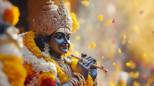 Ornate Krishna statue in garlands captured with shallow depth