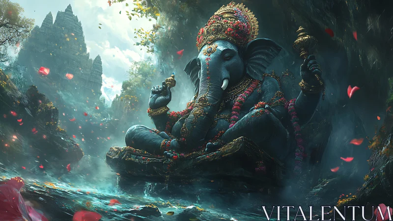 Ganesha stone colossus guards misted jungle river shrine.