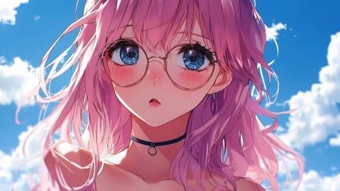 Pink haired anime girl in glasses under bright blue sky.