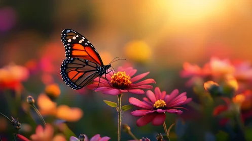 Monarch butterfly on pink flowers in warm sunset light.