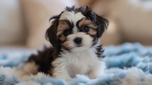 Fluffy tricolor puppy rests on soft blue blanket indoors.