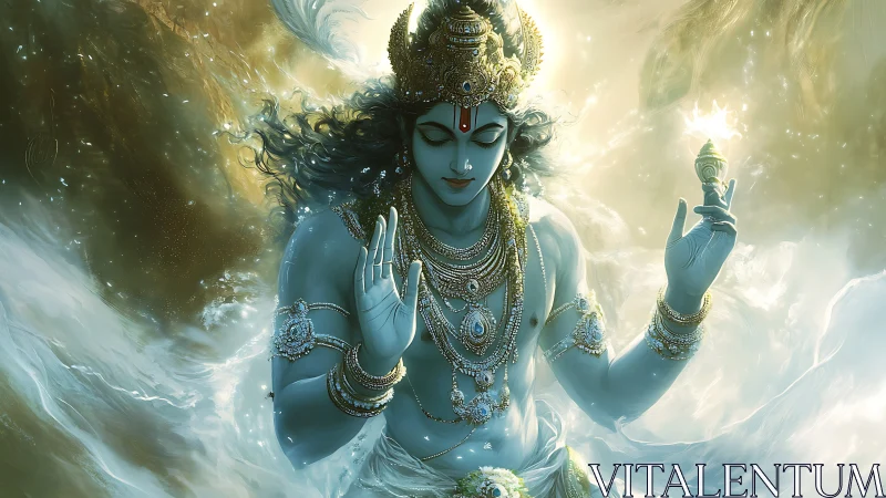 Divine blue deity emerging from luminous celestial waters.