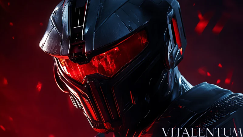 Armored cybernetic soldier with burning red visor glow.