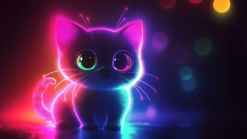 Neon-eyed kitten quietly rearranges the colors of midnight
