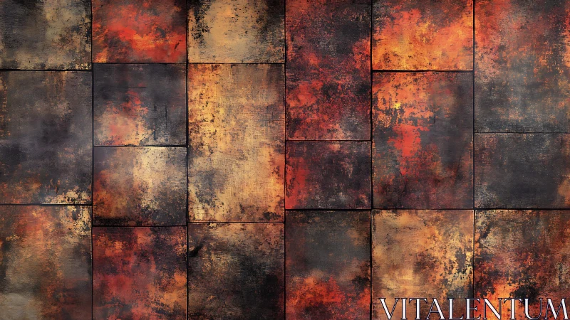 Abstract textured wall panels with burnt orange and brown tones.
