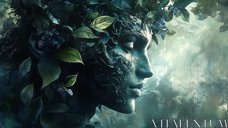 Mythic forest spirit portrait entwined with emerald leaves.
