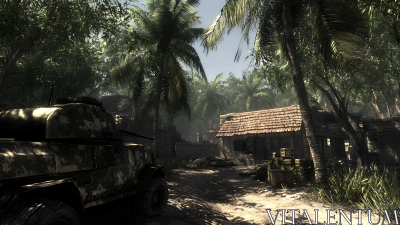 Post-apocalyptic village settlement with vegetation overgrowth reclamation