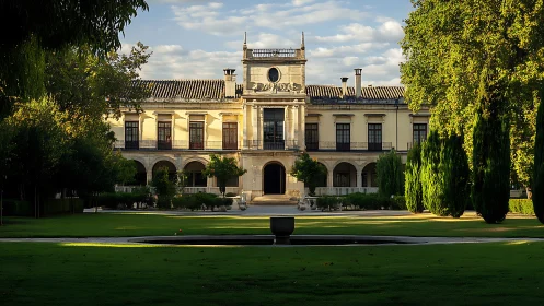 Neoclassical facade and axial garden under raking evening light.