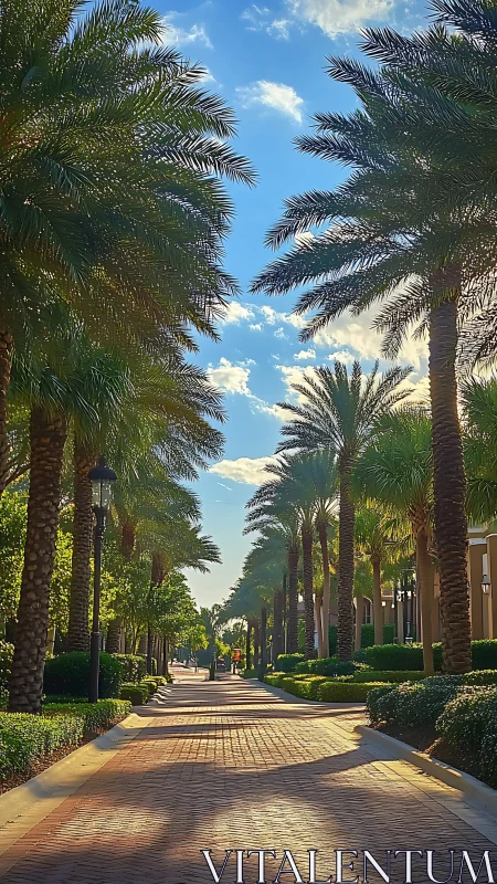 Palm trees conduct afternoon light down a brick arcade