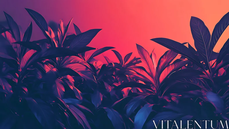 Neon foliage silhouette under duotone tropical gradient sky.
