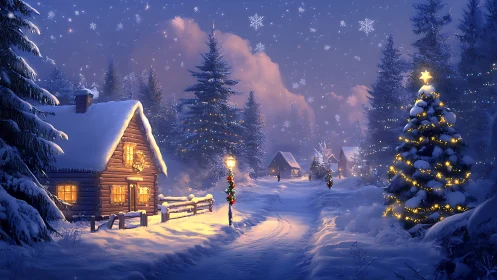 Snowy Christmas village glows under starlit winter sky.