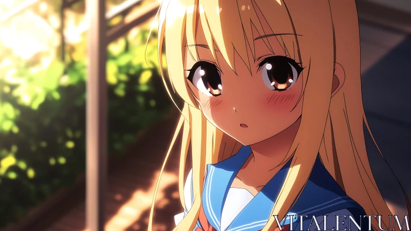 Blonde anime schoolgirl in uniform under warm sunlight.