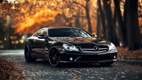 Black Mercedes coupe glows against golden autumn forest backdrop.