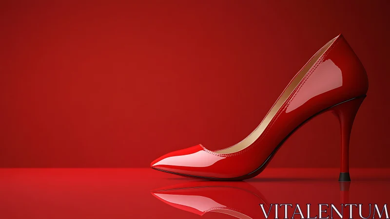 Elegant Red High Heel Shoe on Glossy Surface, Minimalist Style.
